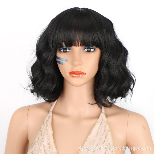 Short Bob Wavy Wigs With Bangs Mixed Navy Blue Curly Wigs For Women Natural Looking Synthetic Heat Resistant Fiber Wig For Daily